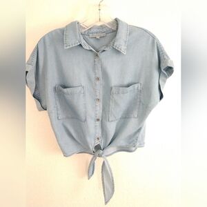 Love Tree Cute Tie Front CROP Top Shirt Short Sleeve Button Front Blue SMALL